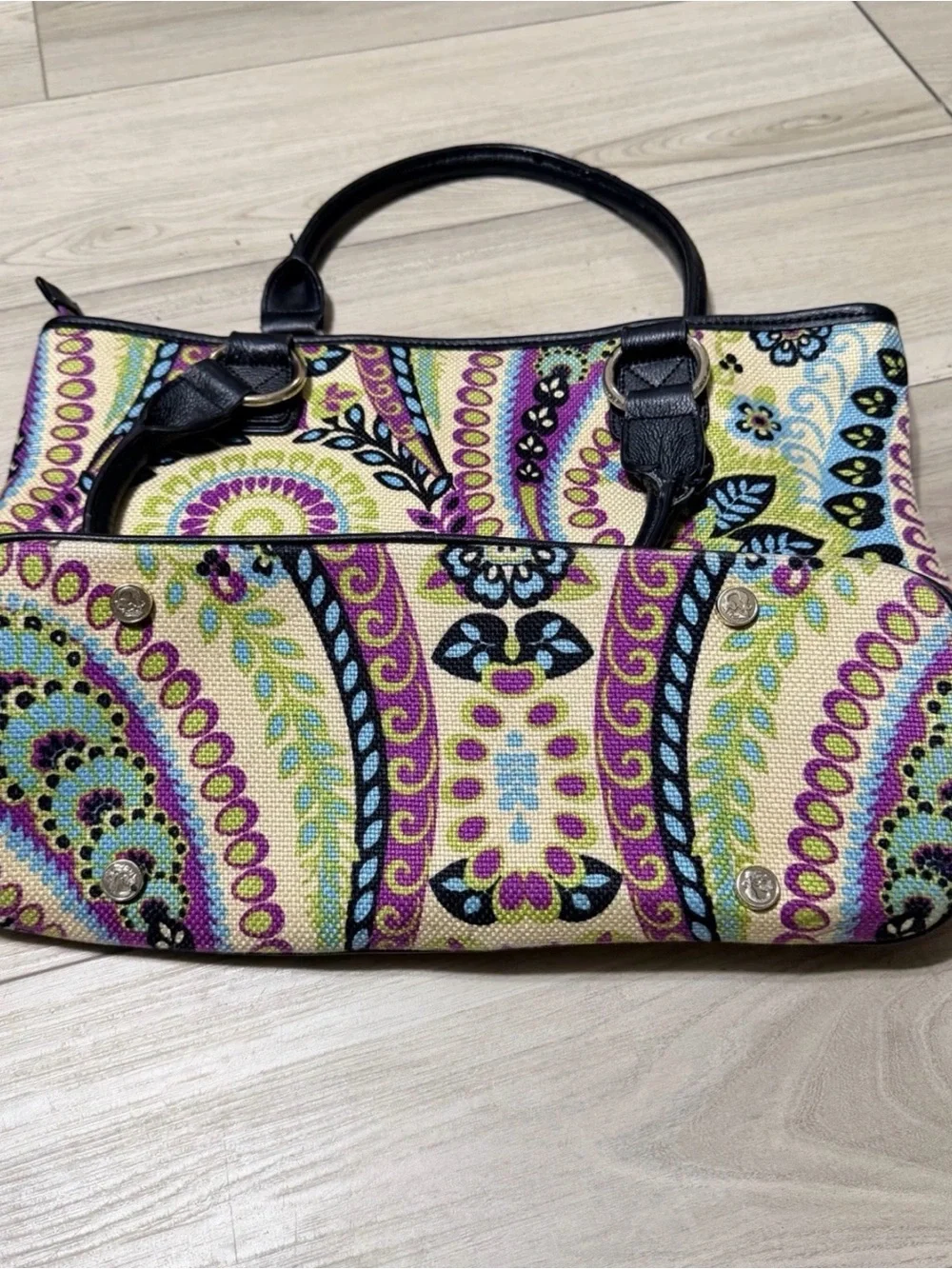 Spartina 449 Paisley Tote with Black Handles - Cream, Purple, Blue, Green